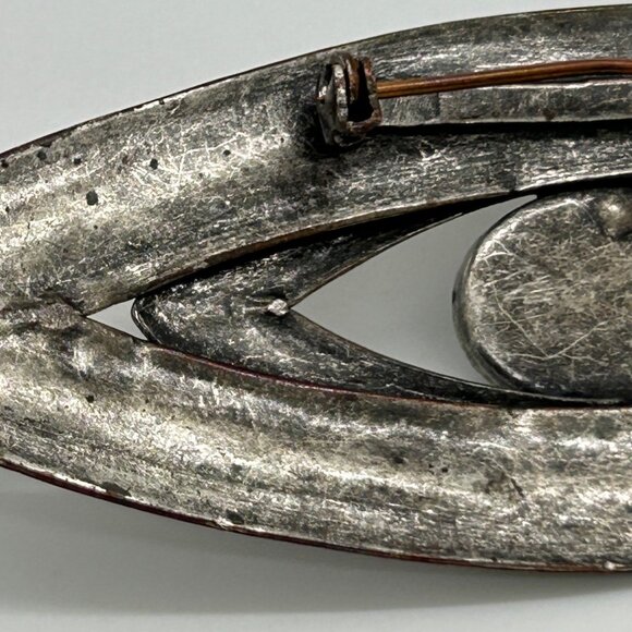 Vintage Eye-Shaped Silver-Tone Brooch With Black acrylic "Evil Eye" Cabochon For - Picture 6 of 16